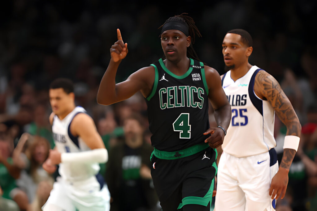 Jrue Holiday #4 of the Boston Celtics reacts during the third quarter against the Dallas Mavericks in Game Two of the 2024 NBA Finals at TD Garden on June 09, 2024 in Boston, Massachusetts.