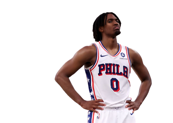 Tyrese Maxey #0 of the Philadelphia 76ers reacts during the second half against the New York Knicks at Madison Square Garden on April 30, 2024 in New York City.