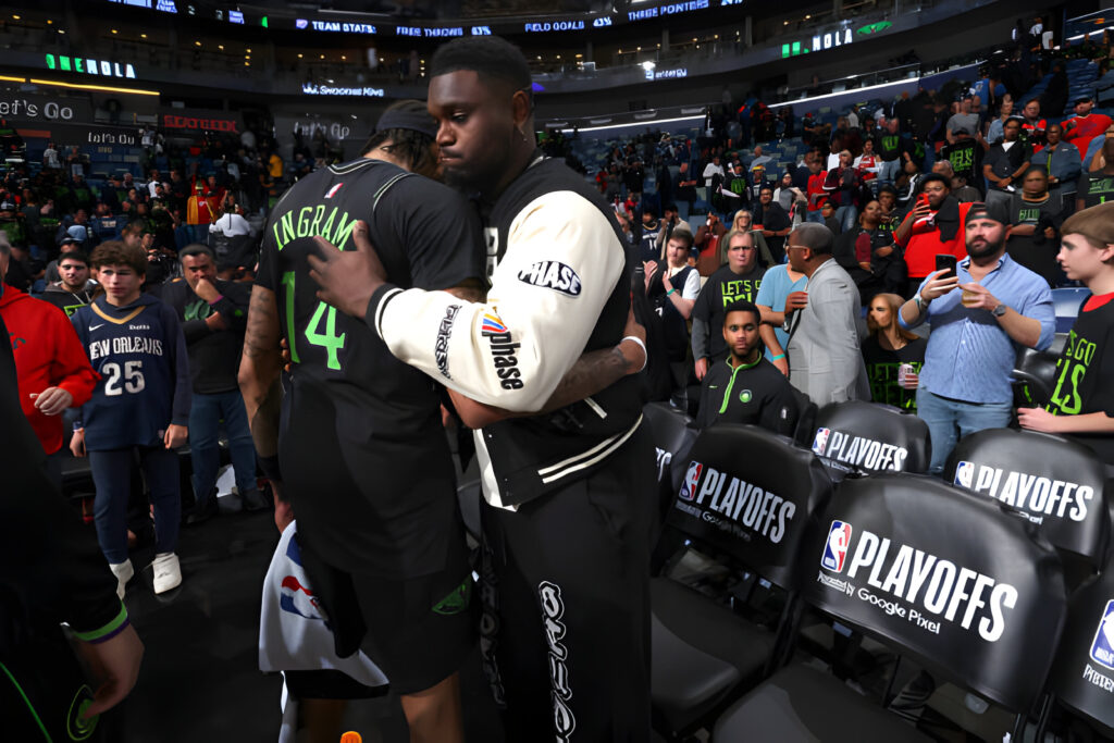 Brandon Ingram #14 and Zion Williamson #1 of the New Orleans Pelicans meet after Round 1 Game 4 of the 2024 NBA Playoffs against the Oklahoma City Thunder on April 29, 2024 at the Smoothie King Center in New Orleans, Louisiana.